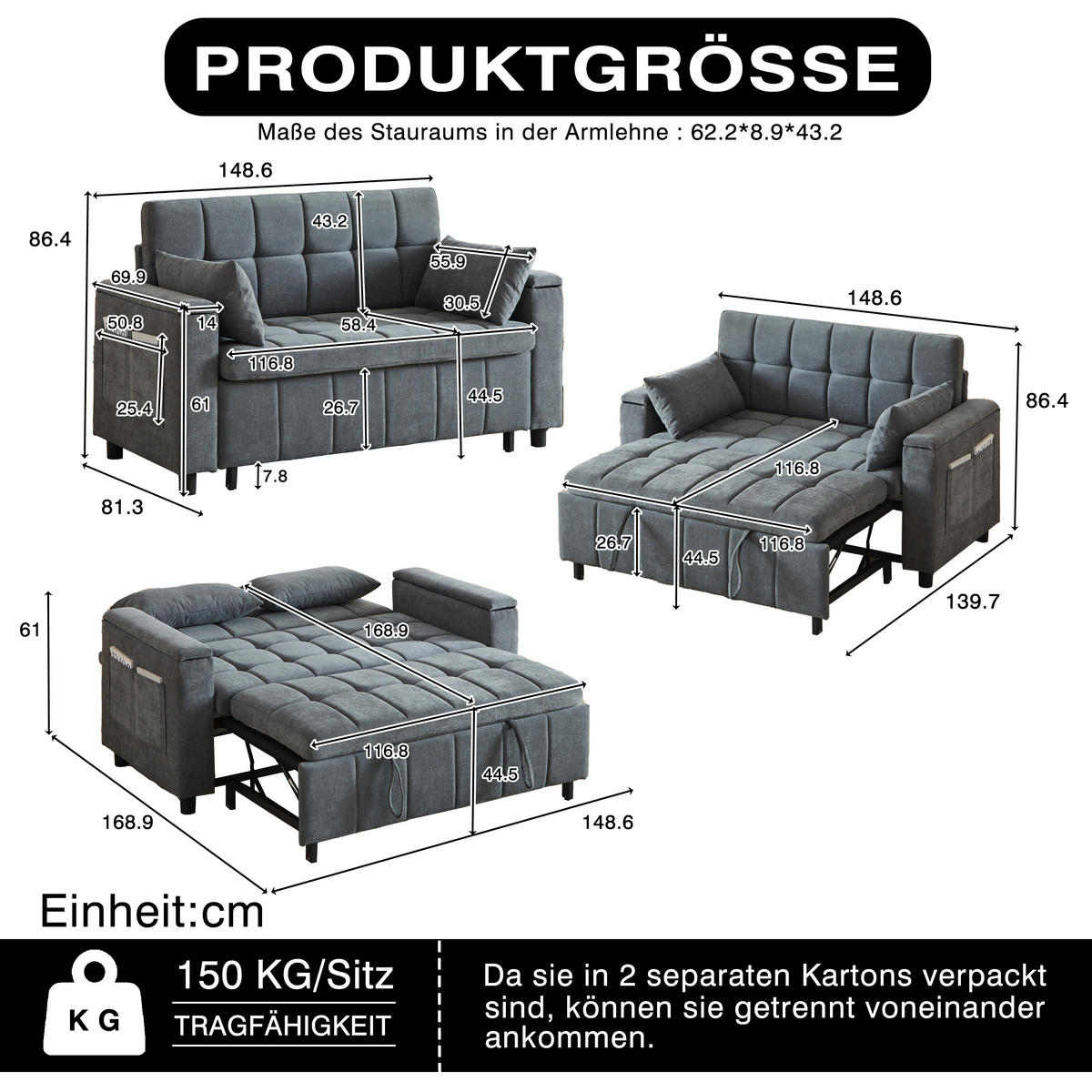 SCHLAFSOFA 157/51/70 cm in Leinenoptik Braun, ohne Armlehnen - Braun/Grau, Textil (81.3/86.4/148.6cm) - Oxeza