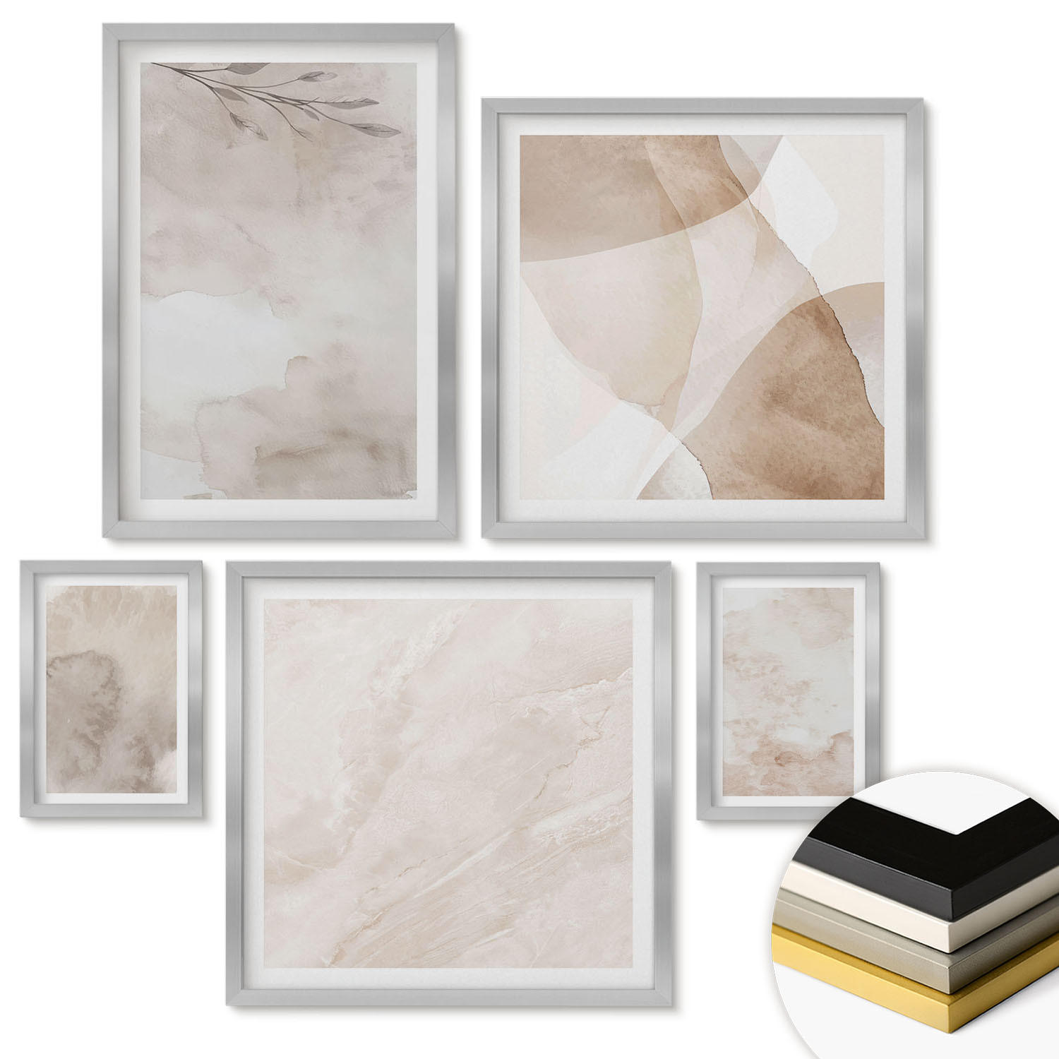 WANDBILDER 5er Set - 50x50 cm & 20x30 cm & 40x60 cm Silberner Rahmen - Aquarellfarben, Boho-Texturen - Silberfarben, Kunststoff (40/60cm) - ArtPrintCave