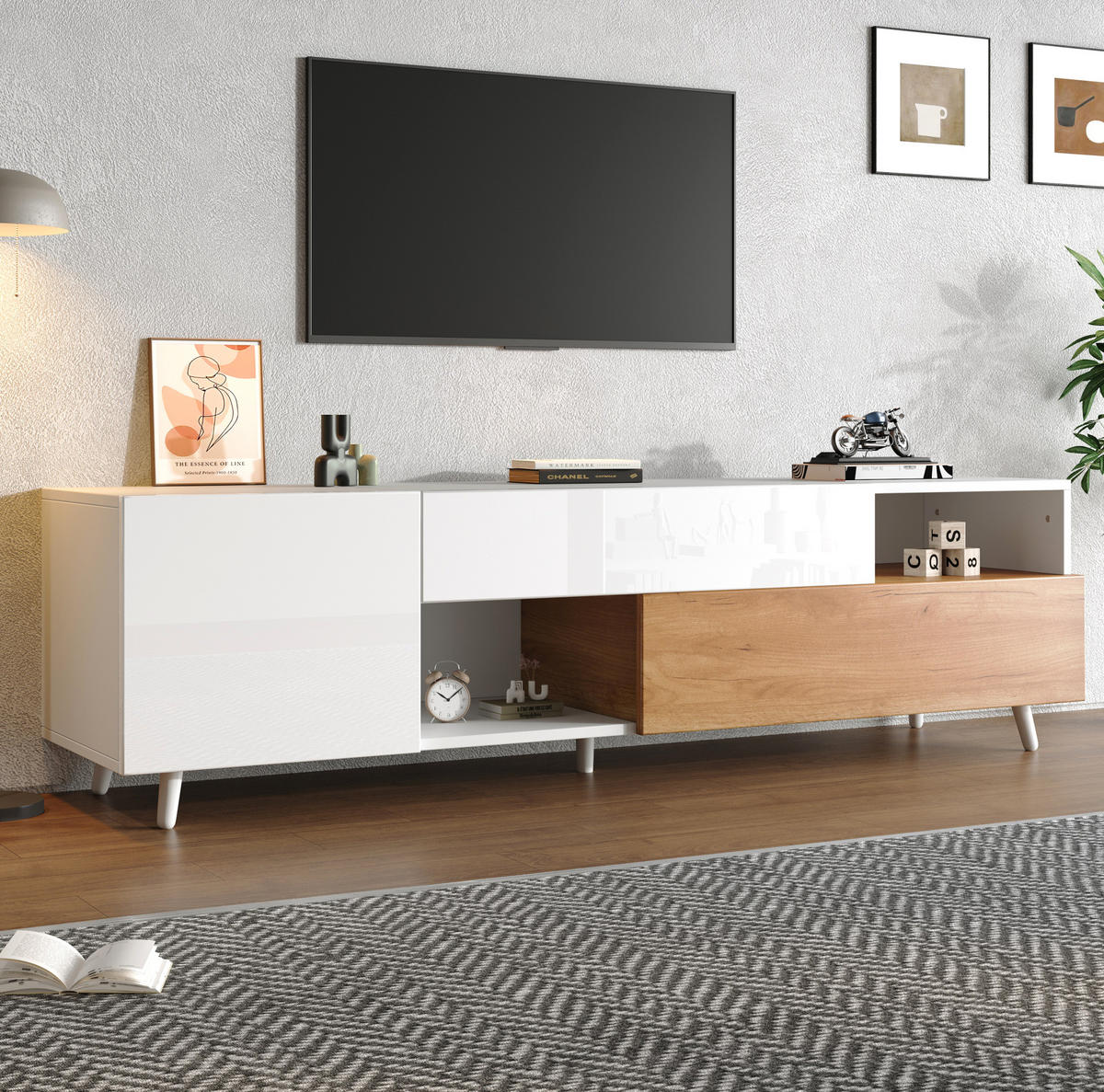 FERNSEHSCHRANK aus Spanplatte 180x38x50 cm Weiß/Naturfarben mit Hochglanzfront, 1 Schublade und 7 Fächern - Hellbraun, Holzwerkstoff (180/50/38cm) - Modfu