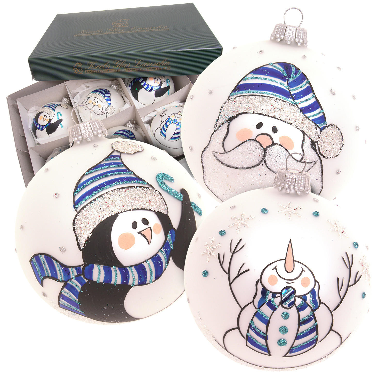 CHRISTBAUMKUGELN Santa Pinguin Schneemann Weiß 8cm (Glas / 6 Stk.) - Weiß, Glas (8/8/8cm) - Krebs Glas Lauscha