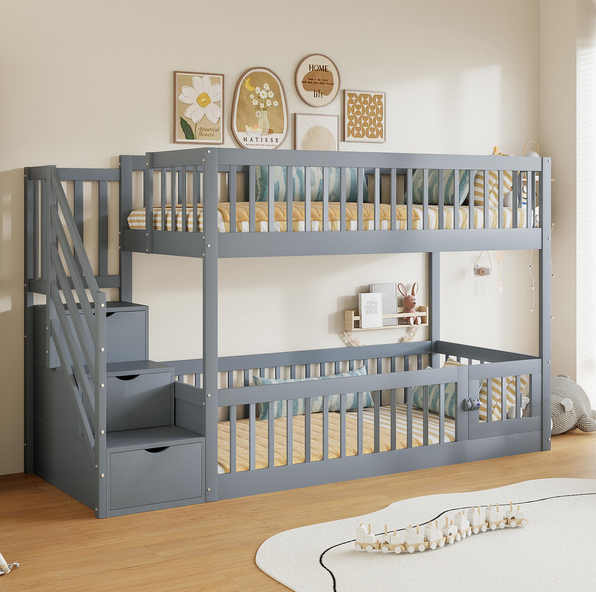 ETAGENBETT 90x200 cm in Grau mit Stauraumtreppe und Schubladen - Grau, Holz (90/200cm) - IVMEU