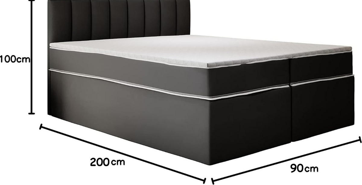 KONTINENTALBETT 90x200 cm mit Taschenmatratze, MIAMI, Visco Topper 5 cm, Schwarz - Schwarz, Kunststoff (90/200cm) - Trada
