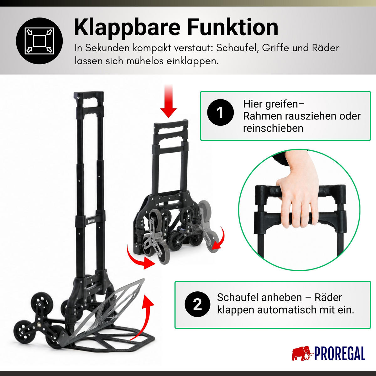 TREPPENSTEIGER Sackkarre Elephant klappbar 100x39x47cm Traglast 80kg AluminiumrahmenTRR Fachgummiräder Schwarz - Schwarz, Metall (47/39/100cm) - PROREGAL