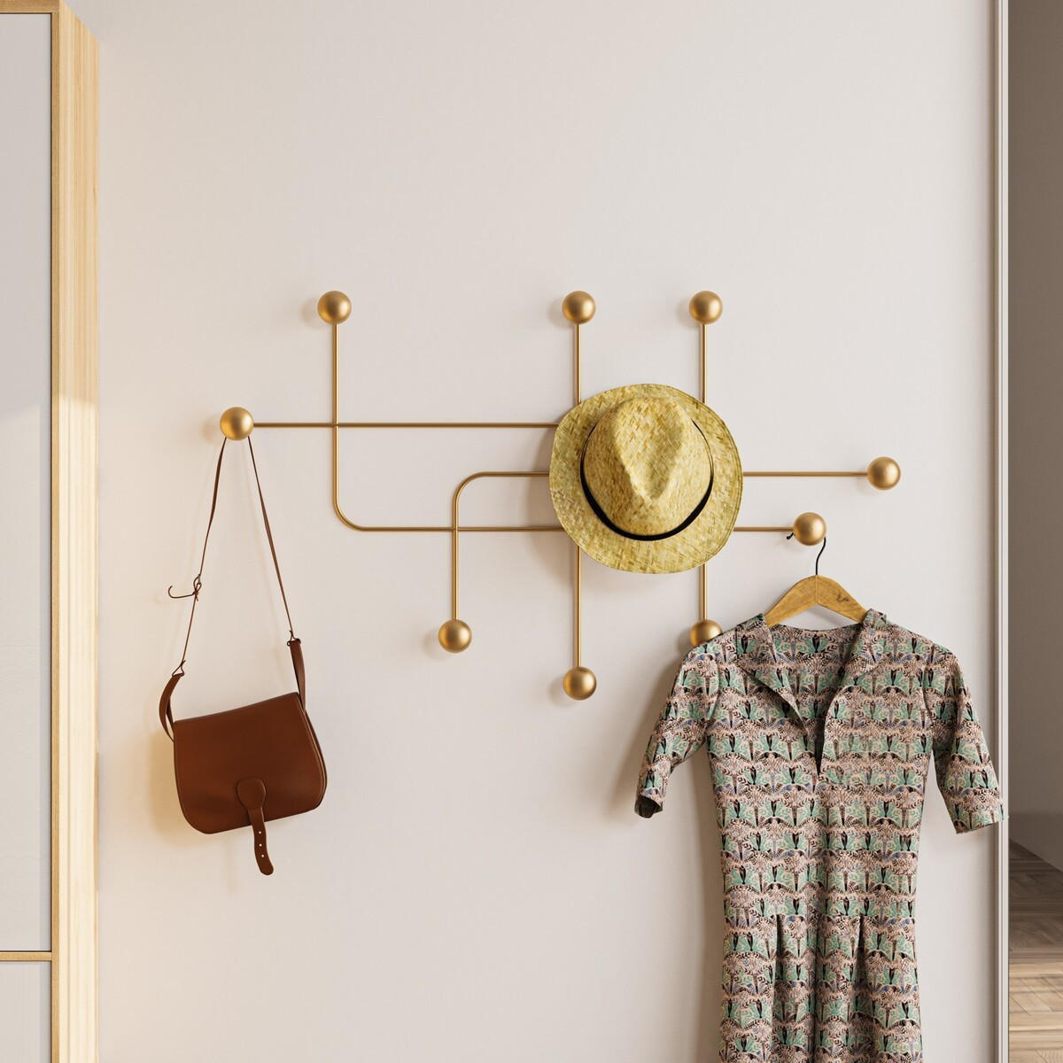 WANDGARDEROBE mit 9 Haken aus goldfarbenem Metall 107/10/64 cm - Goldfarben, Metall (10/64/10cm) - Calicosy