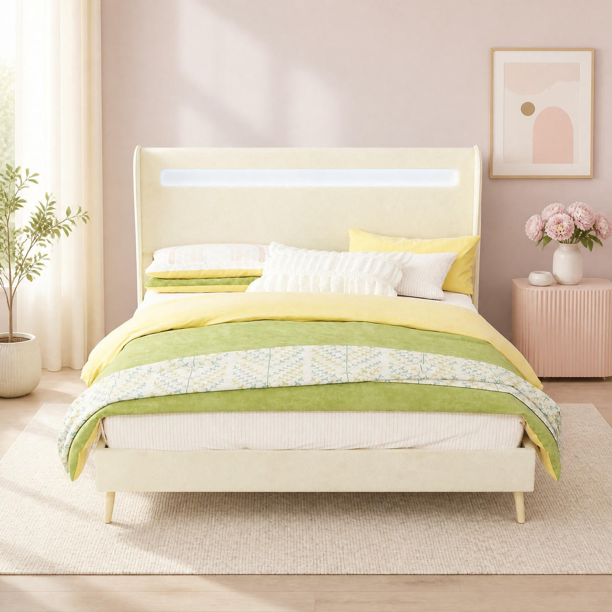 POLSTERBETT 140/200 mit LED und verstellbarem Kopfteil in Beige - Beige, Holzwerkstoff/Textil (140/200cm) - EVRYAE
