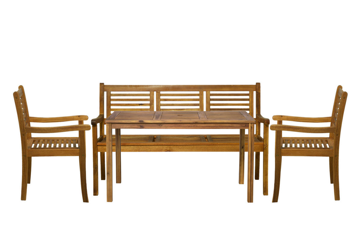 SITZGRUPPE Akana mit 2 Stühlen, 1 Bank und 1 Tisch - 135x80 cm - Akazienholz geölt - Naturfarben, Holz - TPFGarden