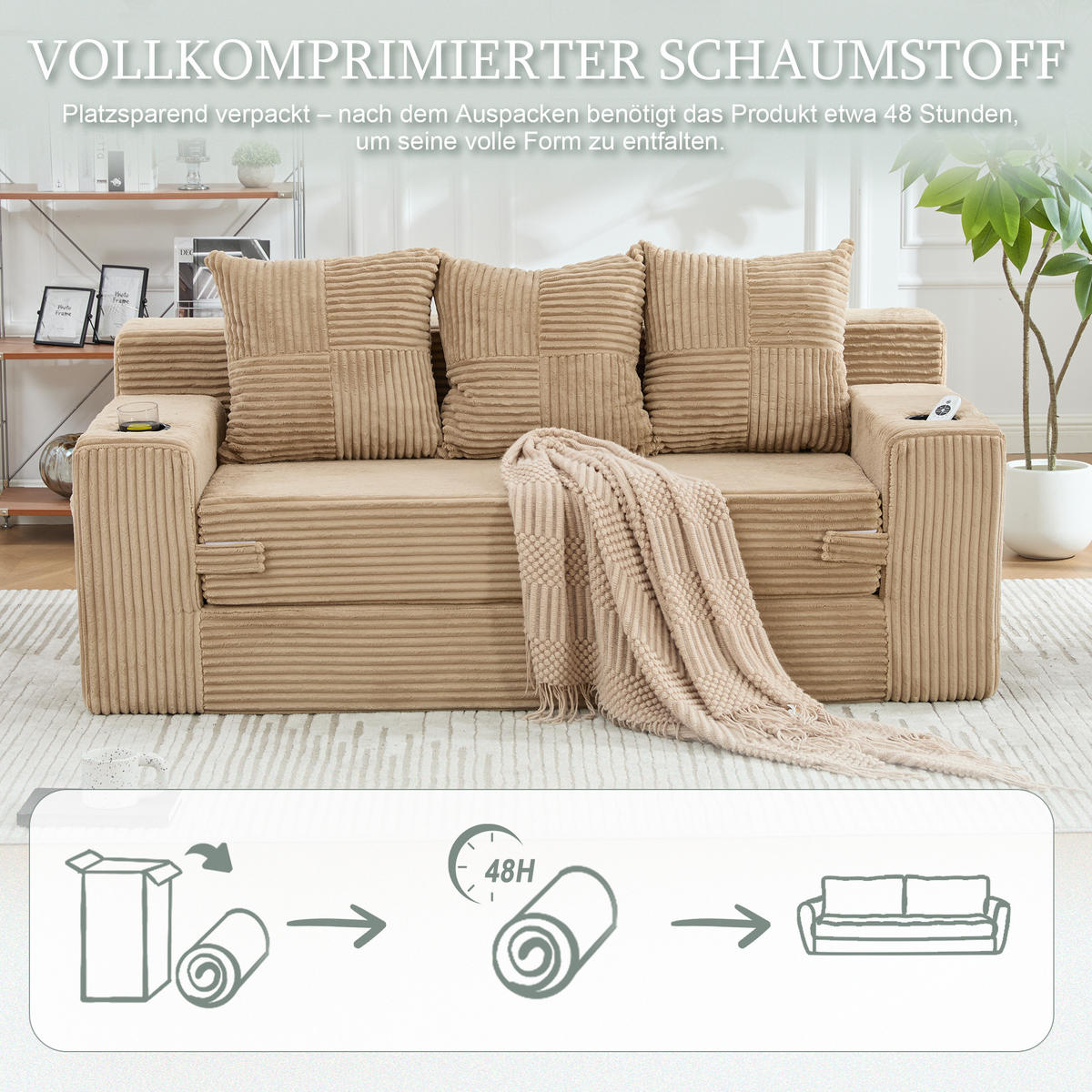 2-SITZER Bodensofa ausklappbar, Getränkehalter/Seitentaschen, Cord, hellbraun - Hellbraun, Textil (172/64/87cm) - LVHOM