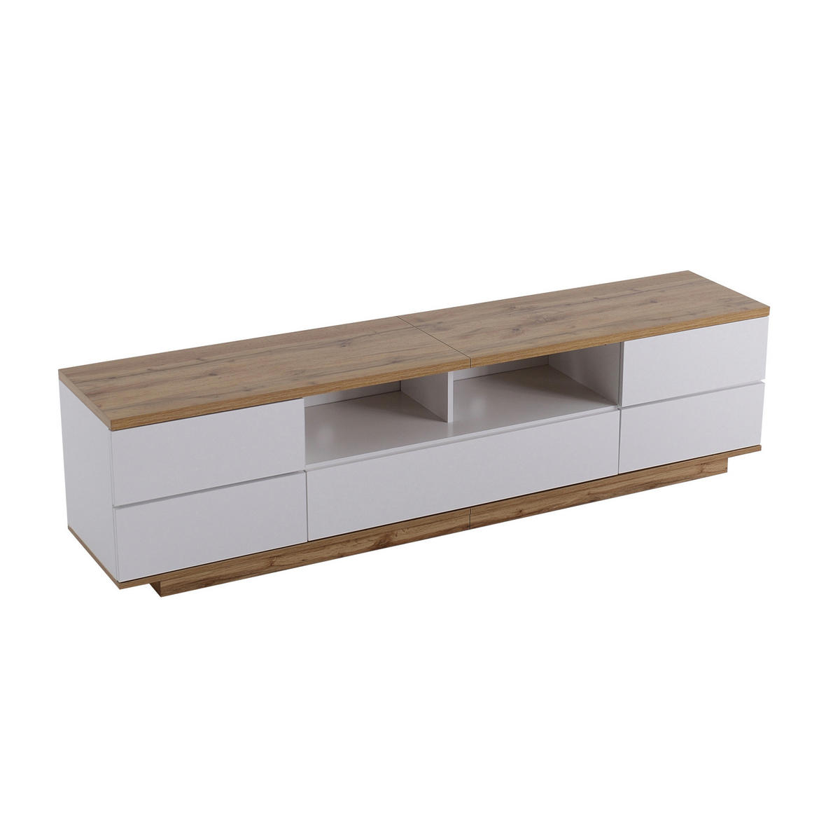 TV-LOWBOARD aus MDF 180x38x46 cm Weiß/Holzfarben mit 5 Türen und 2 offenen Fächern im Gitterdesign - Weiß, Holzwerkstoff (180/46/38cm) - Modfu