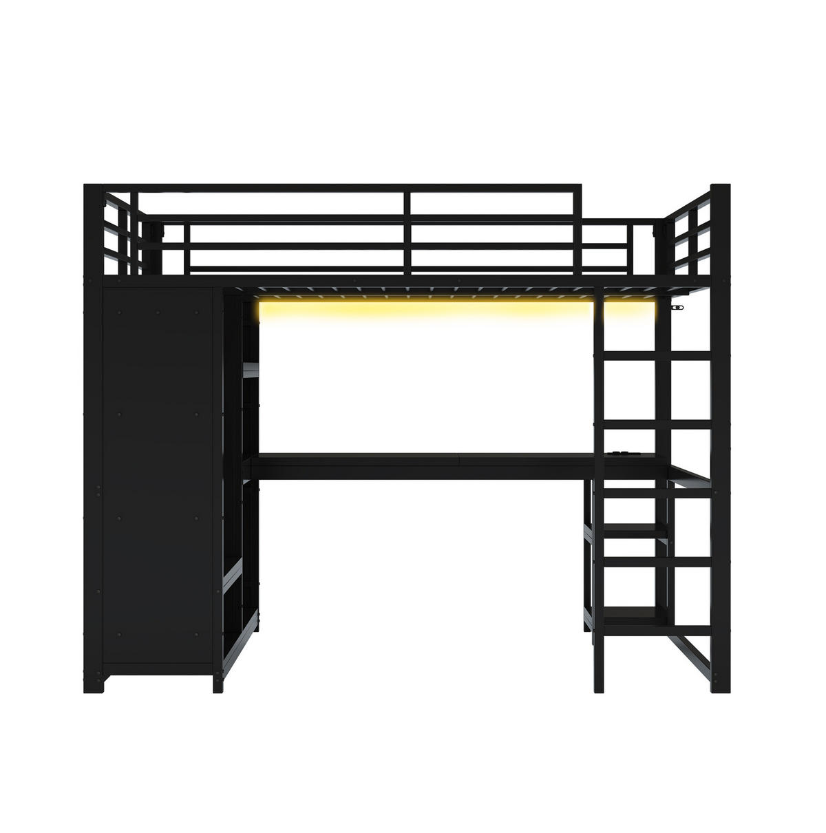 HOCHBETT 140/200 cm mit LED, Schreibtisch, offenem Kleiderschrank und Ablagen, Schwarz - Schwarz, Metall (140/200cm) - Redom