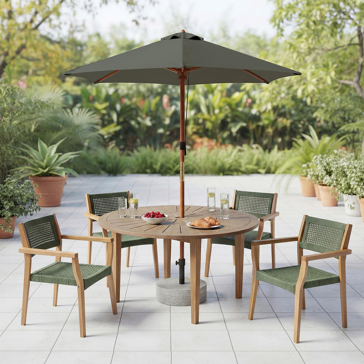 SONNENSCHIRM - Eukalyptus massiv / Polyester - Salbeigrün, Holz/Textil (200/200cm) - home24