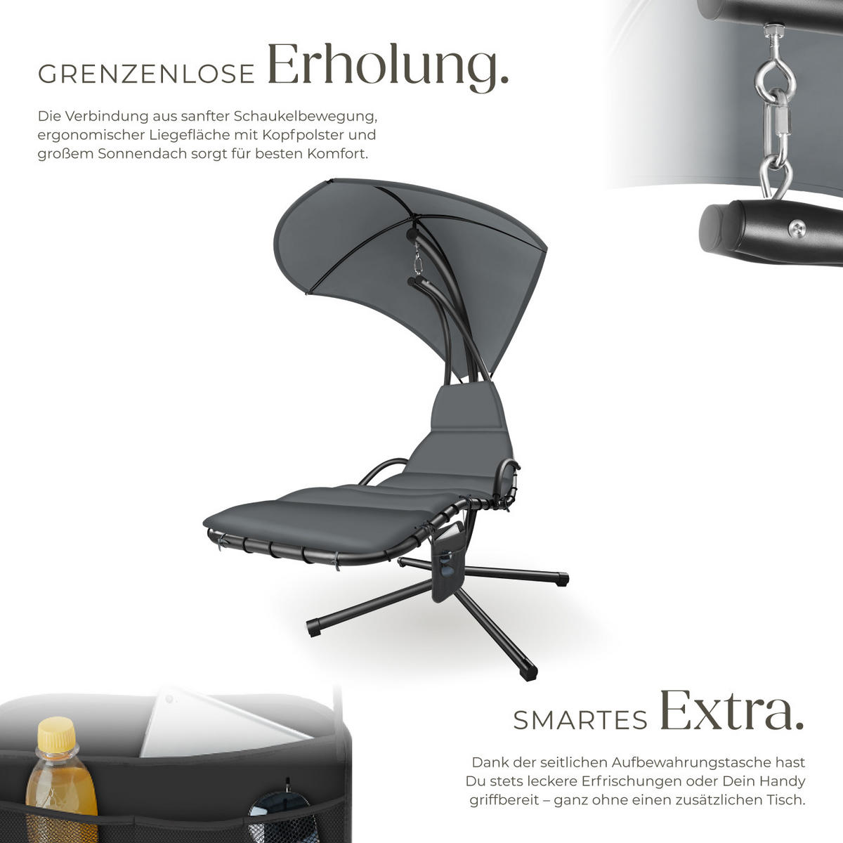 HÄNGELIEGE Elaria,195 x 132 x 197 cm, mit Seitentasche,grau - Grau, Textil (132/197/195cm) - tectake