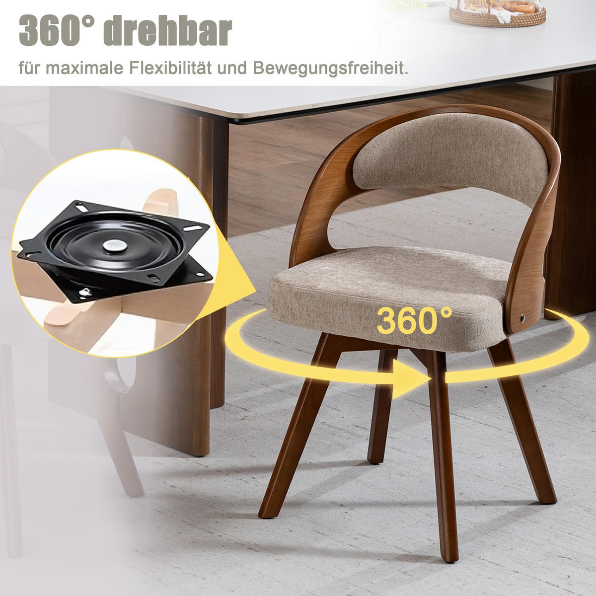 STUHL 2er-Set Esszimmerstuhl,360° drehbar,Massivholzrahmen,Leinenstoff,Braun - Braun, Holz (44/72/41cm) - LVHOM