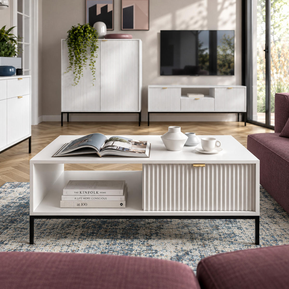 COUCHTISCH Kioto 104 cm in Weiß mit Schubladen und Metallbeinen - Goldfarben/Schwarz, Holzwerkstoff/Metall (68/104/46cm) - Ravio