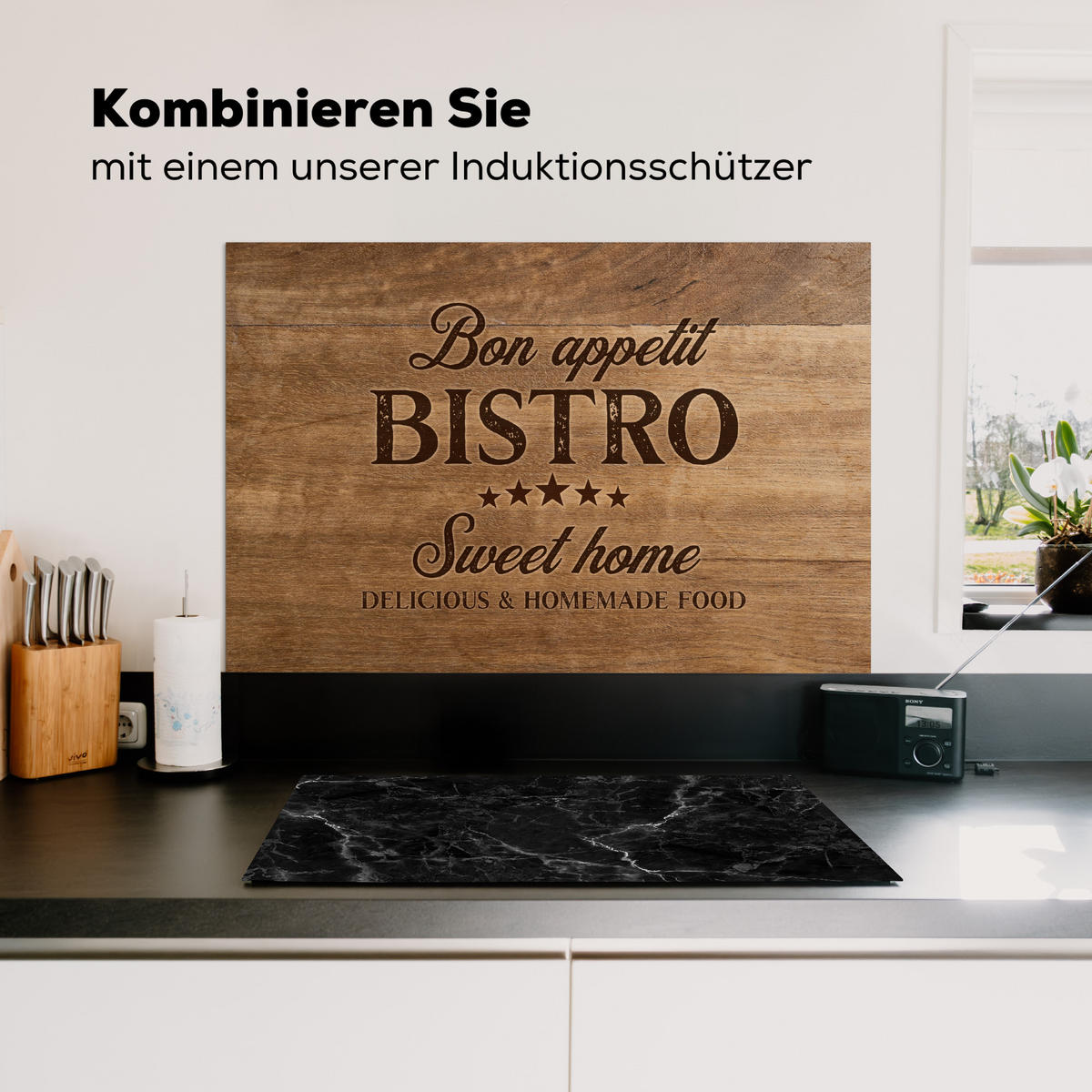 SPRITZSCHUTZ KÜCHE Zitat - Bistro - Guten Appetit - Süßes Zuhause - Holzmaserung 90x60 cm - Braun, Metall (90/0.3/60cm) - MuchoWow