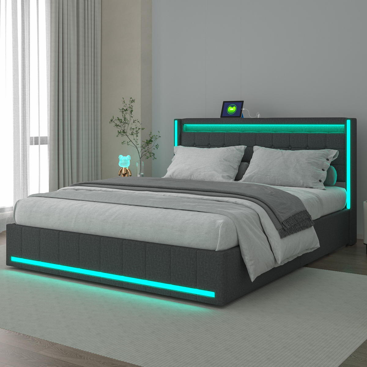 POLSTERBETT 140x190 cm Dunkelgrau Leinen LED USB 4 Schubladen - Grau, Holz (140/200cm) - SHOPENTRA