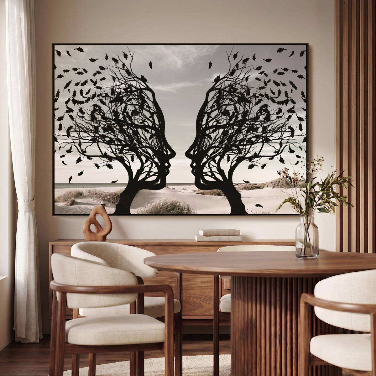 LEINWAND Bilder mit Rahmen - Strand - Meer - Menschen - Baum - Moderne Kunst - 150x100 - Hellgrau, Textil (150/100cm) - MuchoWow