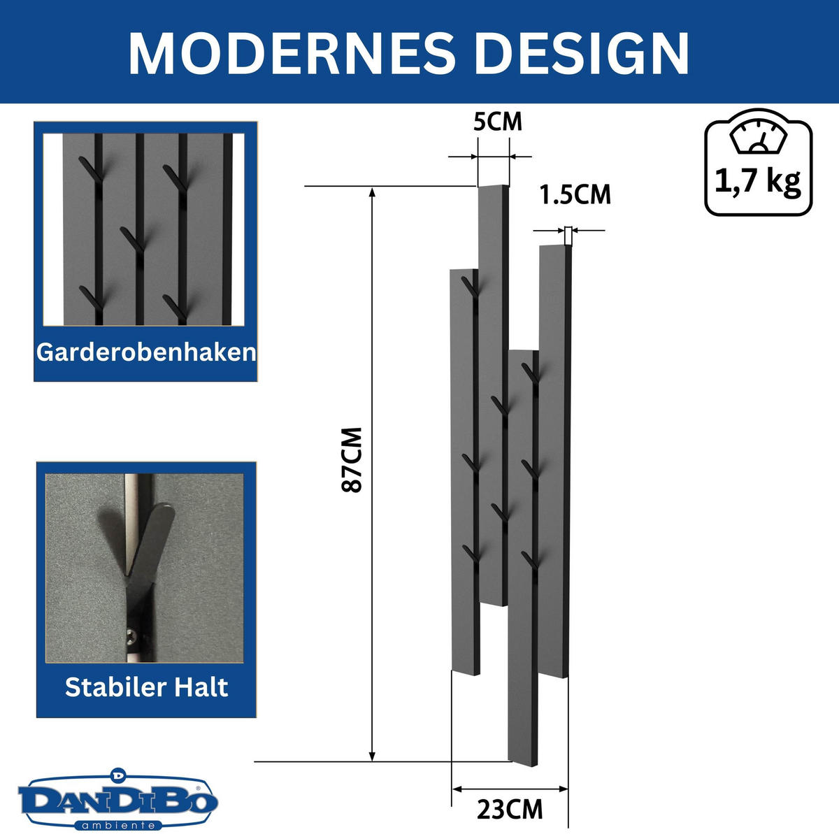 WANDGARDEROBE 8 Haken Metall Schwarz 23/5/87 cm - Schwarz, Metall (23/87/5cm) - DanDiBo