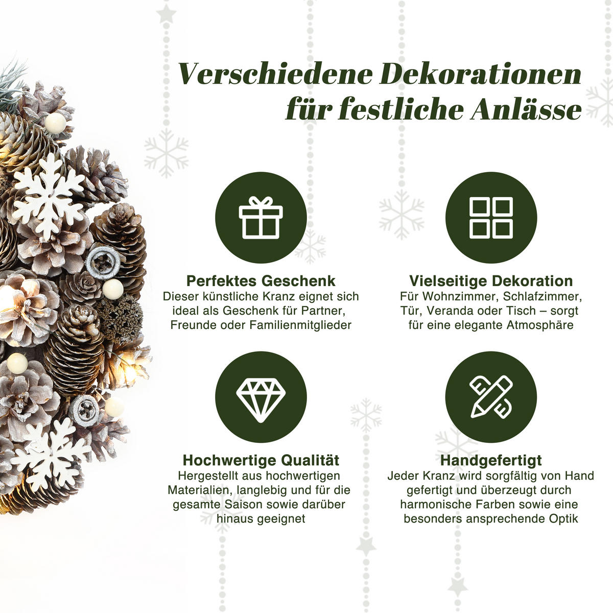 WEIHNACHTSKRANZ mit LED Beleuchtung & Timer - Dunkelgrün, Naturmaterialien (35cm) - Hometopia