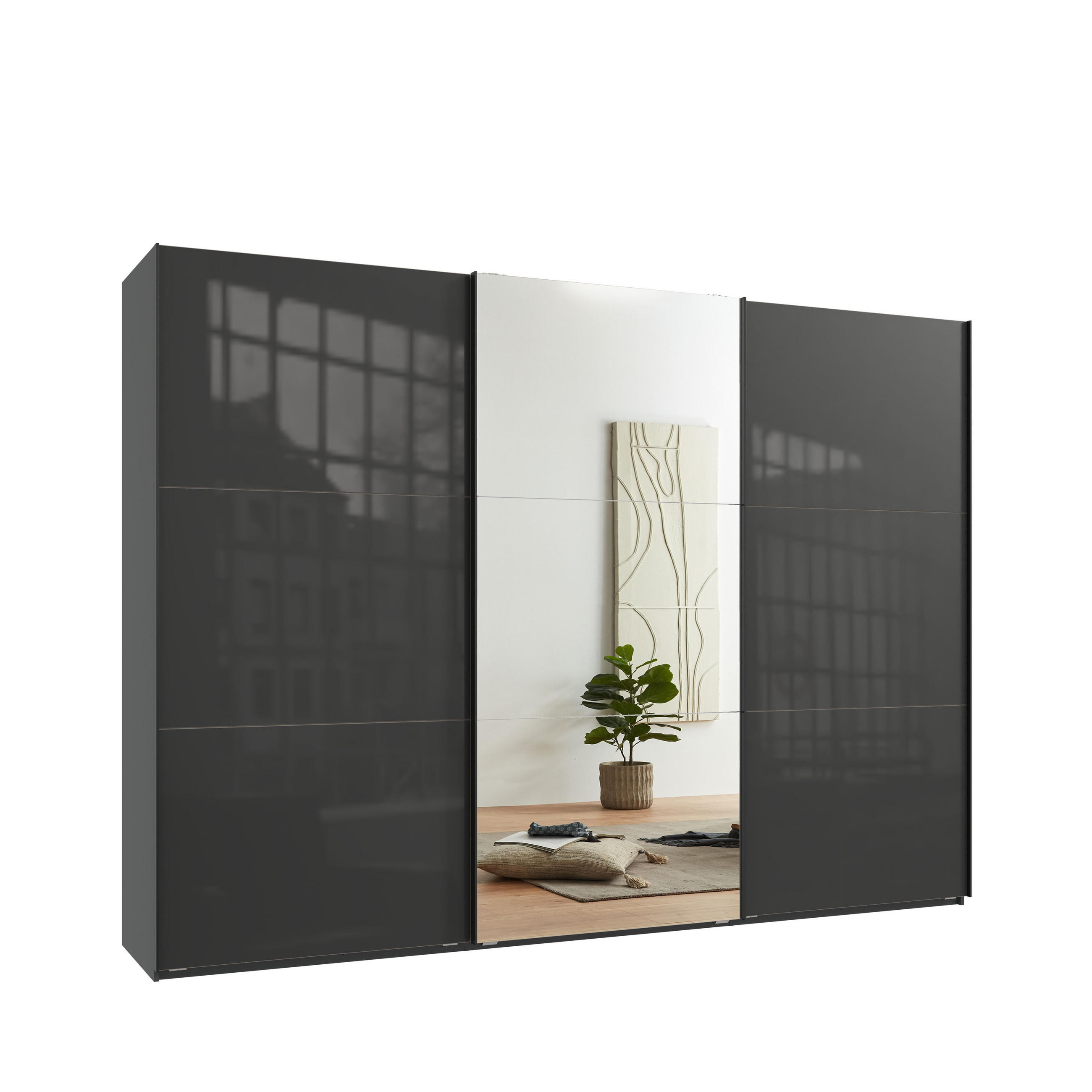 SKŘÍŇ S POSUVNÝMI DVEŘMI, 3dveřová, 300 × 216 × 65 cm (Š×V×H), v antracitové barvě se skleněnými čely, s jedněmi zrcadlovými dveřmi / 22041 - antracitová/barva dubu, kov/kompozitní dřevo (300/216/65cm) - luma-home