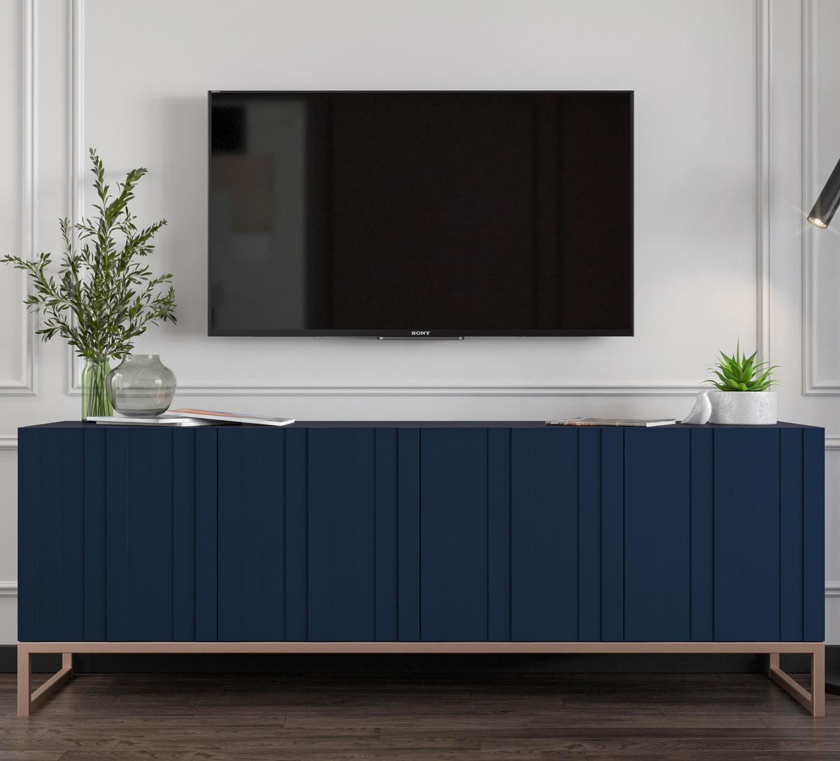 TV-SCHRANK Elpis Marineblau Matt mit Metallrahmen 150 cm - Blau/Kupferfarben, Holzwerkstoff/Metall (150/51.5/36.5cm) - Meble Lindner