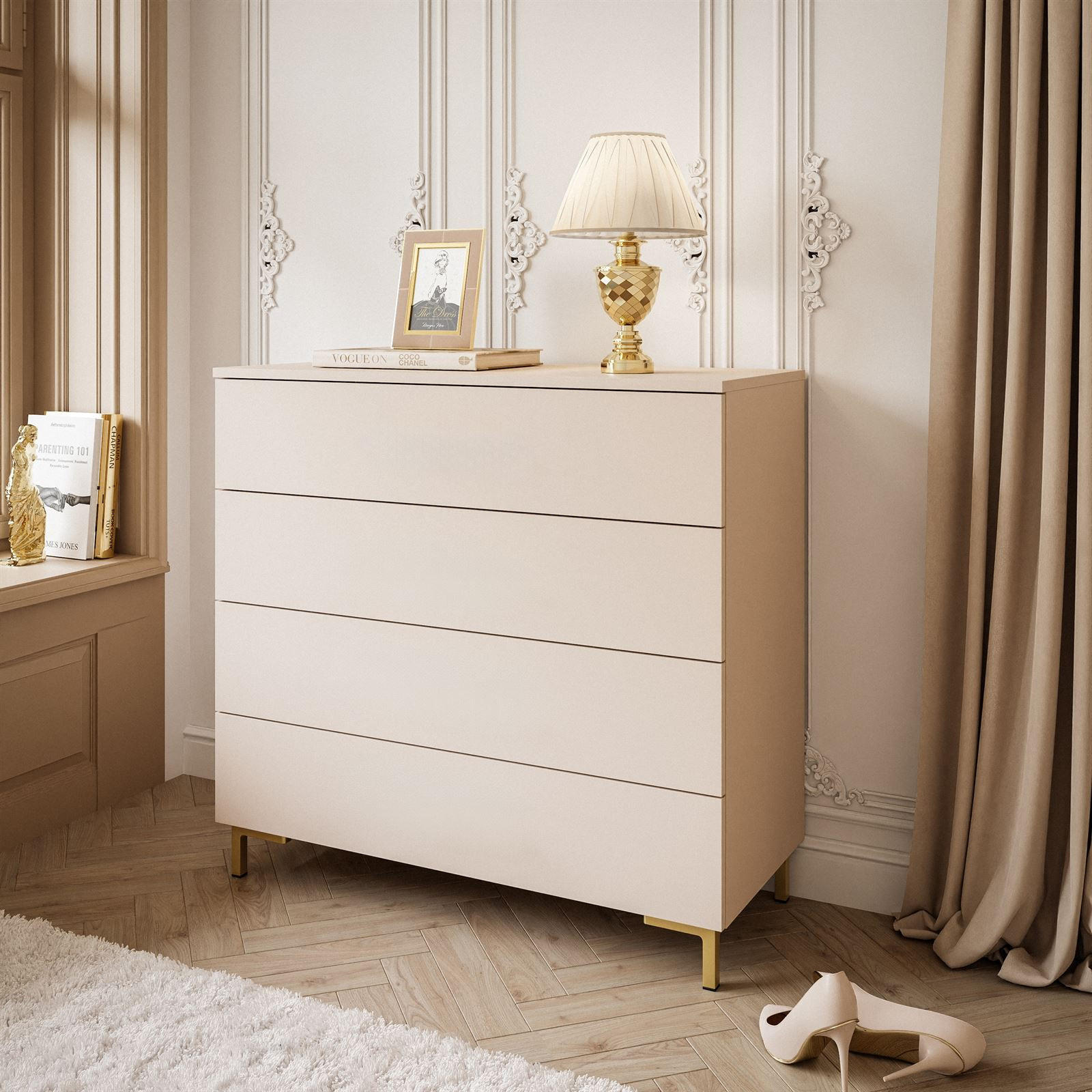 KOMMODE LINA KASCHMIR 4S mit Schubladen und LED-Beleuchtung Goldene Beine - Kaschmir/Goldfarben, Holzwerkstoff (95/86/40cm) - Lookway