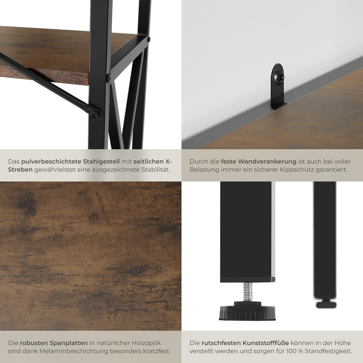 REGAL Barry,inklusive Kippschutz, 61,5 x 31,5 x 133,5 cm,Industrial Holz dunkel, rustikal - Rostfarben, Holzwerkstoff (31.5/133.5/61.5cm) - tectake