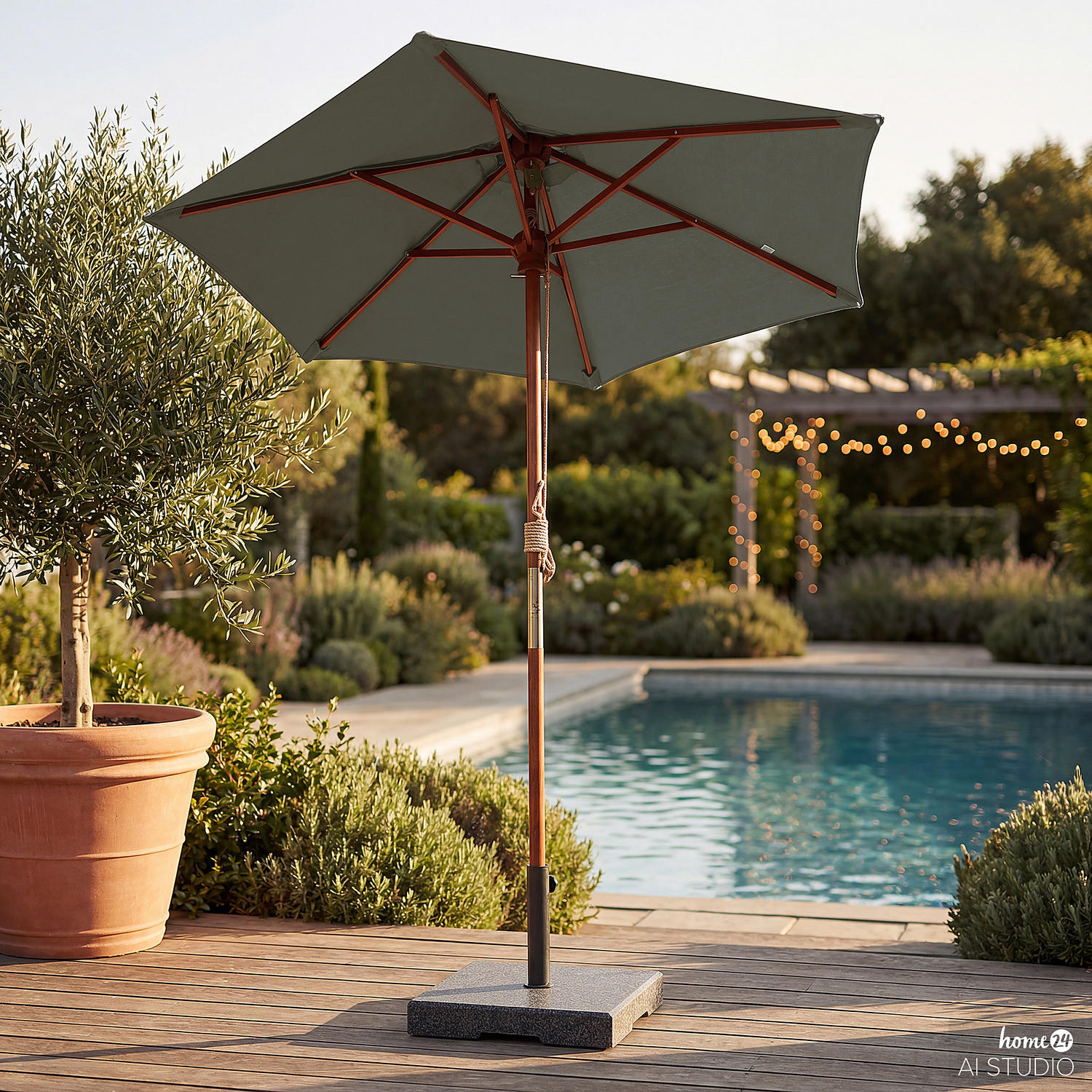 SONNENSCHIRM - Eukalyptus massiv / Polyester - Salbeigrün, Holz/Textil (200/200cm) - home24
