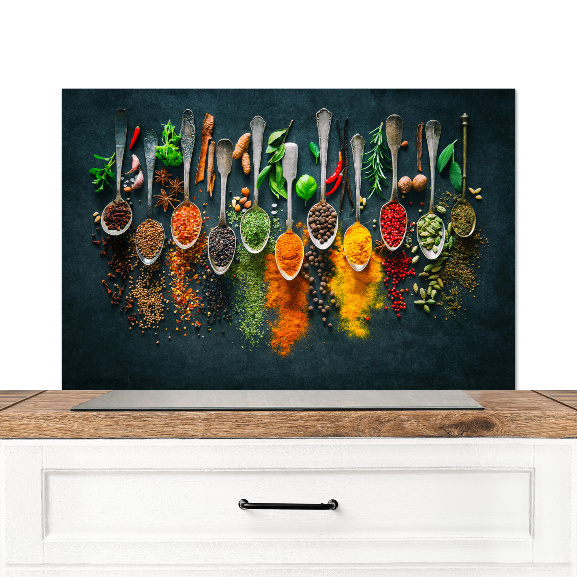 SPRITZSCHUTZ KÜCHE Kräuter - Gewürze - Löffel 90x60 cm - Multicolor, Metall (90/0.3/60cm) - MuchoWow