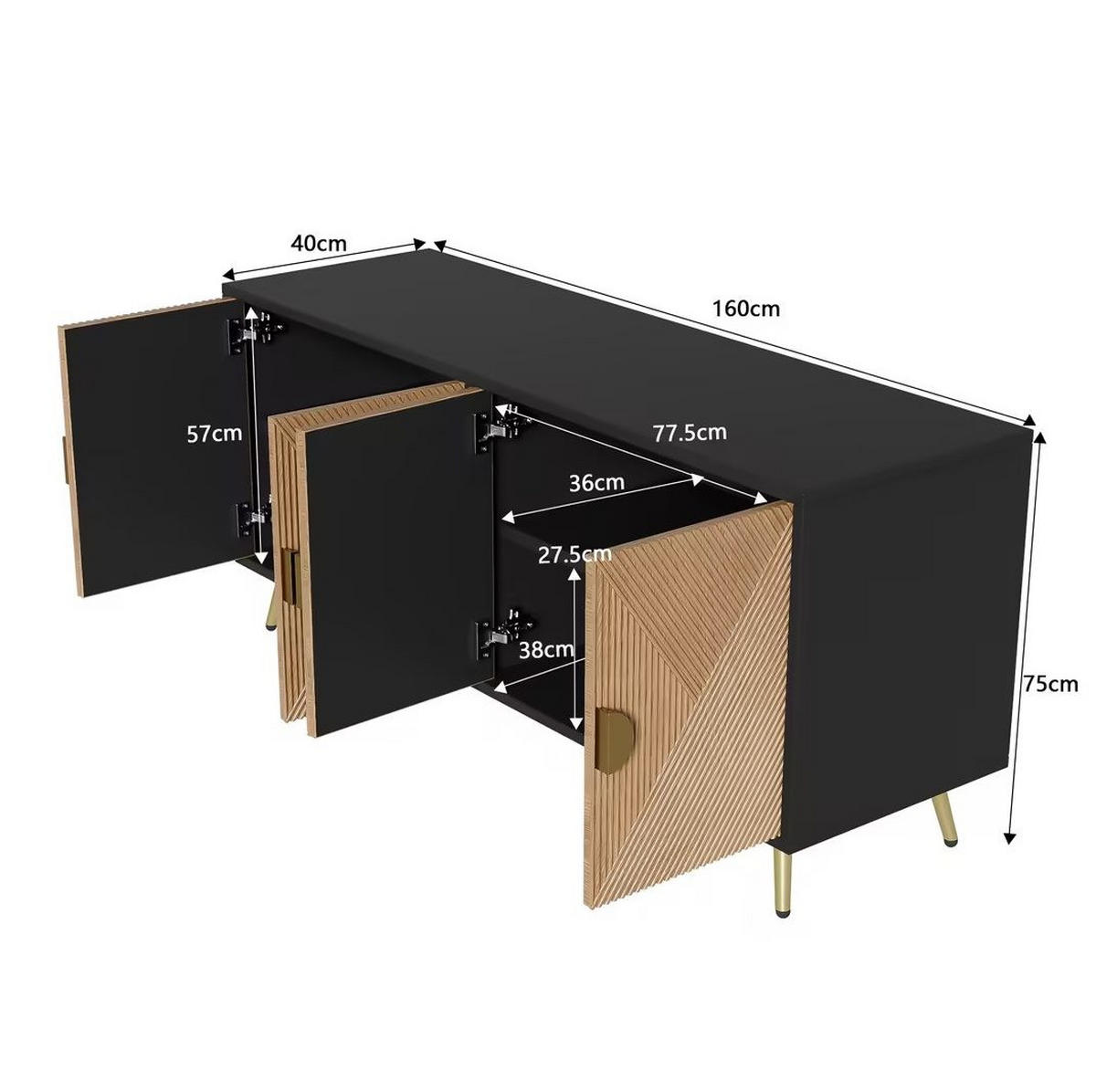 SIDEBOARD 160/40/75 cm in Schwarz und Holzoptik mit 4 Türen und Soft-Close - Schwarz, Holzwerkstoff (160/75/40cm) - Flora Grace