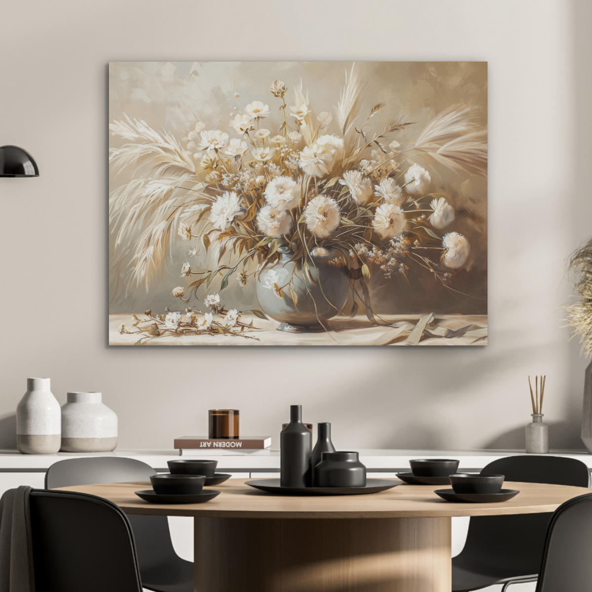 AKUSTIKPANEEL Blumen - Vase - Stilleben - Beige 80x60 cm - Creme, Textil (80/0.9/60cm) - MuchoWow