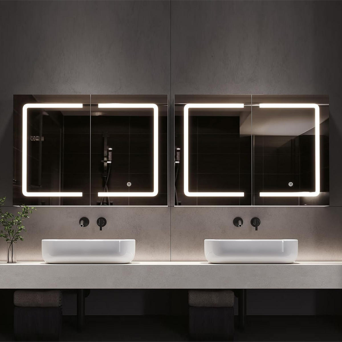 SPIEGELSCHRANK Badezimmerschrank mit LED-Beleuchtung, höhenverstellbaren Einlegeböden, drei Farbtemperaturen, Korpus, zweitüriger Schrank - Weiß, Holz/Holzwerkstoff (13.5/60/80cm) - WoodenAura