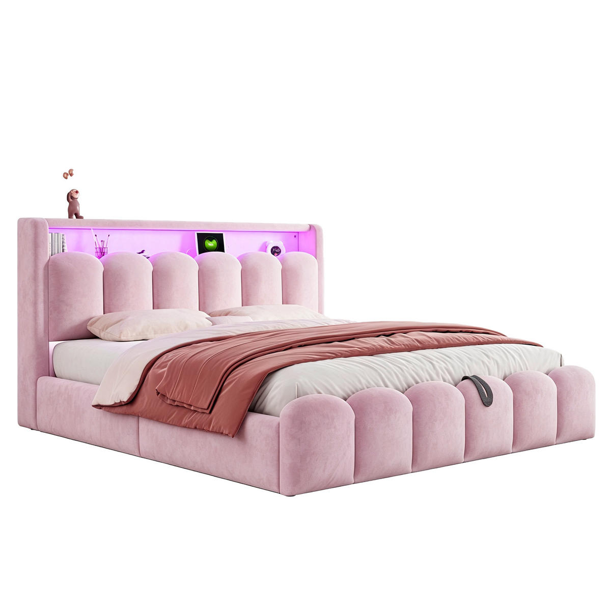 STAURAUMBETT 180/200 cm mit LED, USB-C und Hydraulik, DE-02093, in Rosa - Pink, Metall (180/200cm) - ComfortXL
