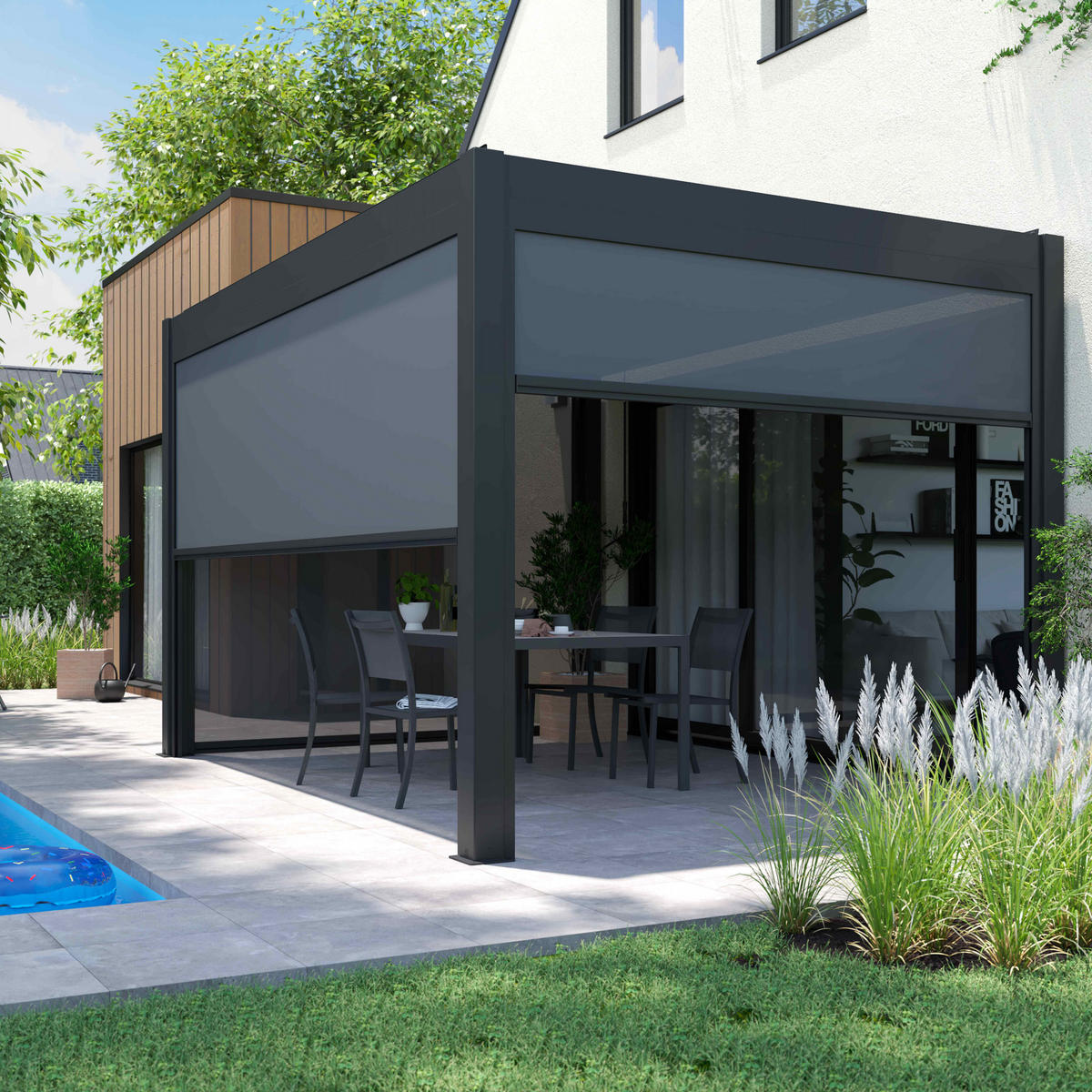 PERGOLA 3x4 m, mit 1 Markise, Grau - Grau, Metall (296/257/403cm) - Oviala