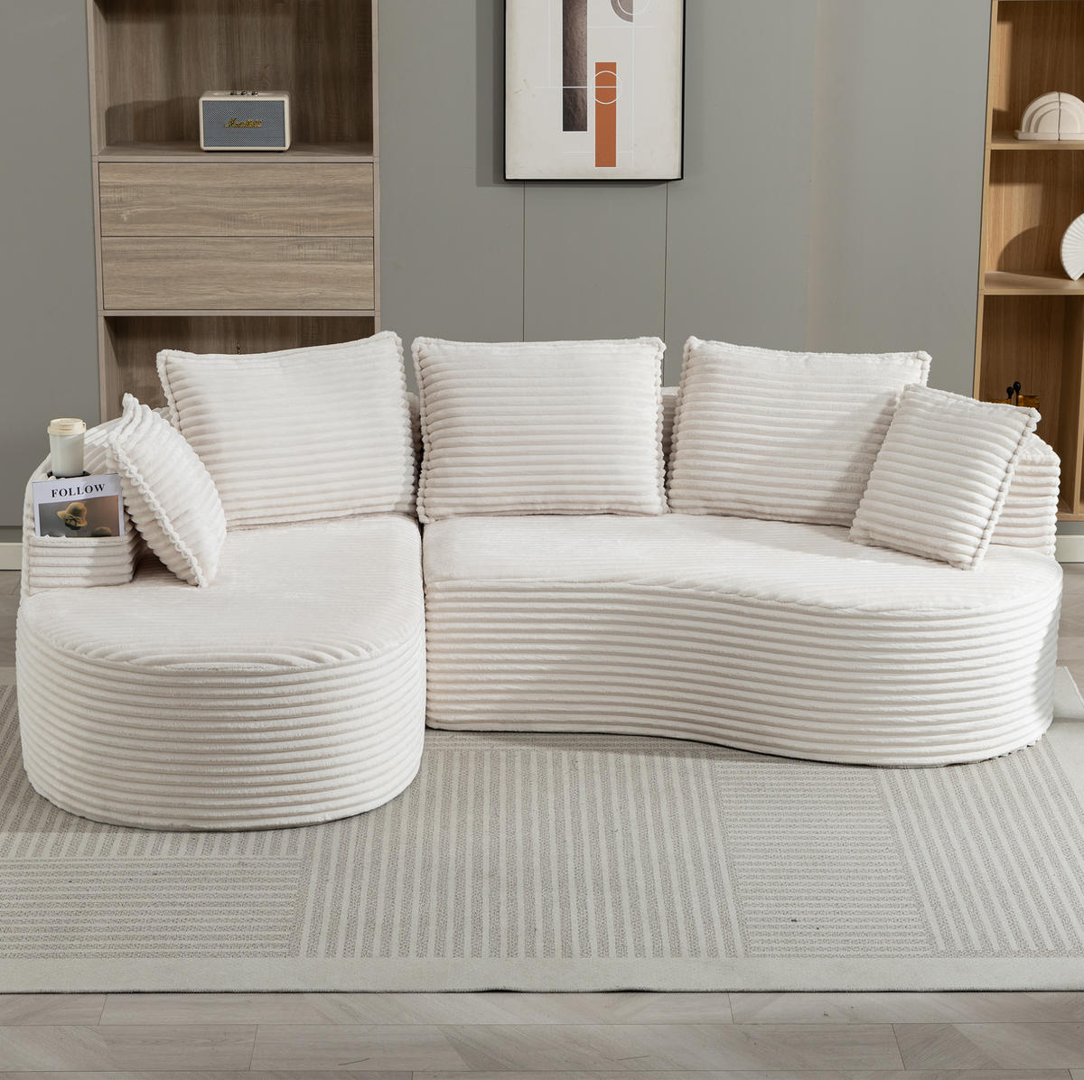 ECKSOFA aus Cord 250x152x82 cm Beige mit Getränkehaltern, Seitentaschen und Kissen im Bogendesign - Beige, Textil (250/152cm) - Modfu