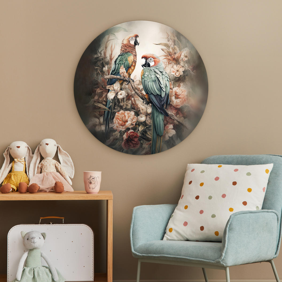 OKRUGLA ZIDNA SLIKA Papige 60x60 cm - Baltimore boja, plastika (60/60cm) - MuchoWow