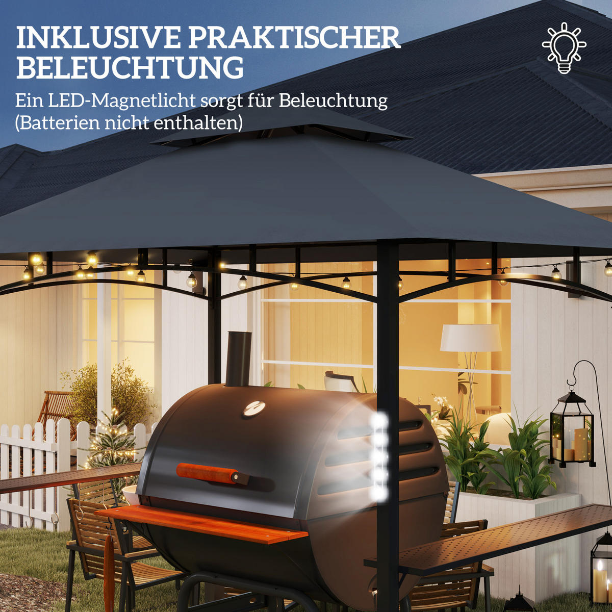 PERGOLA Grillpavillon 243/148/248 cm aus Metall mit Doppeldach und LED-Licht Dunkelgrau - Dunkelgrau, Metall (243/248/148cm) - Modenvie