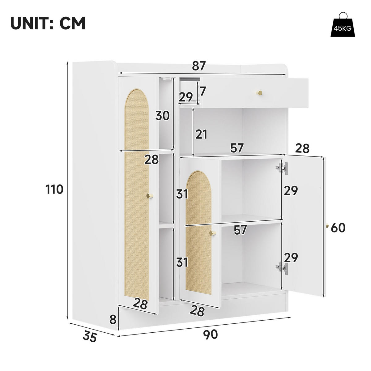 SCHUHSCHRANK Rattanoptik Weiß 90 cm mit 3 Türen und Schublade, Aufbewahrungsschrank - Naturfarben, Holz (90/110/35cm) - PARAFTA HOME