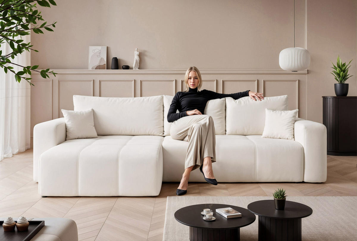 ECKSOFA PEDRO mit Schlaffunktion und Bettkasten Creme - Creme, Holzwerkstoff/Kunststoff (278/145cm) - Idohome