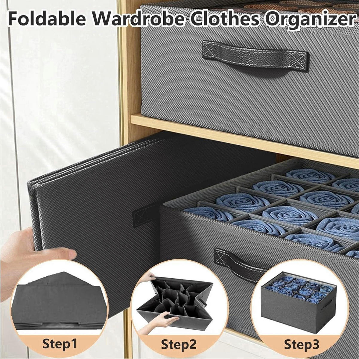 KLEIDERSCHRANK Organizer 2-teiliges Set 12 Zellen Grau - Grau, Textil (26/44/8cm)
