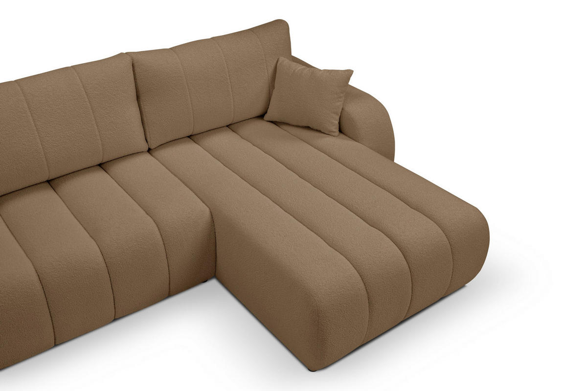 ECKSOFA GIOIA R-S Braun Boucle-Stoff mit Schlaffunktion - Braun, Holz (276/176cm) - MASSENO