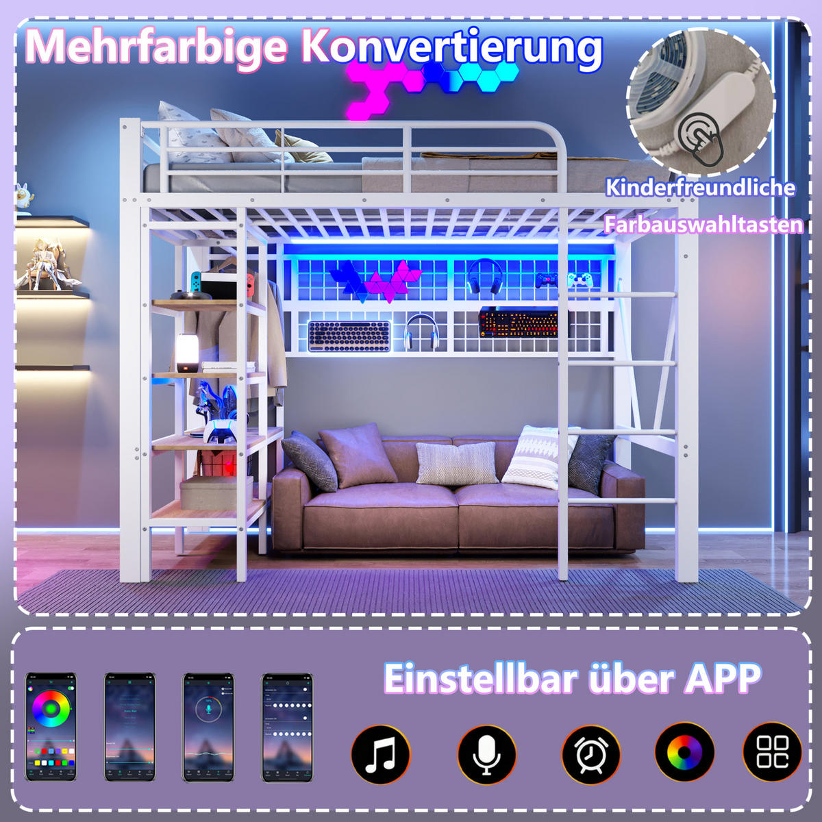 HOCHBETT 90/200 cm, Weiß mit LED-Lichtleiste und Ablagefach - Weiß, Metall (90/200cm) - MIVRAY