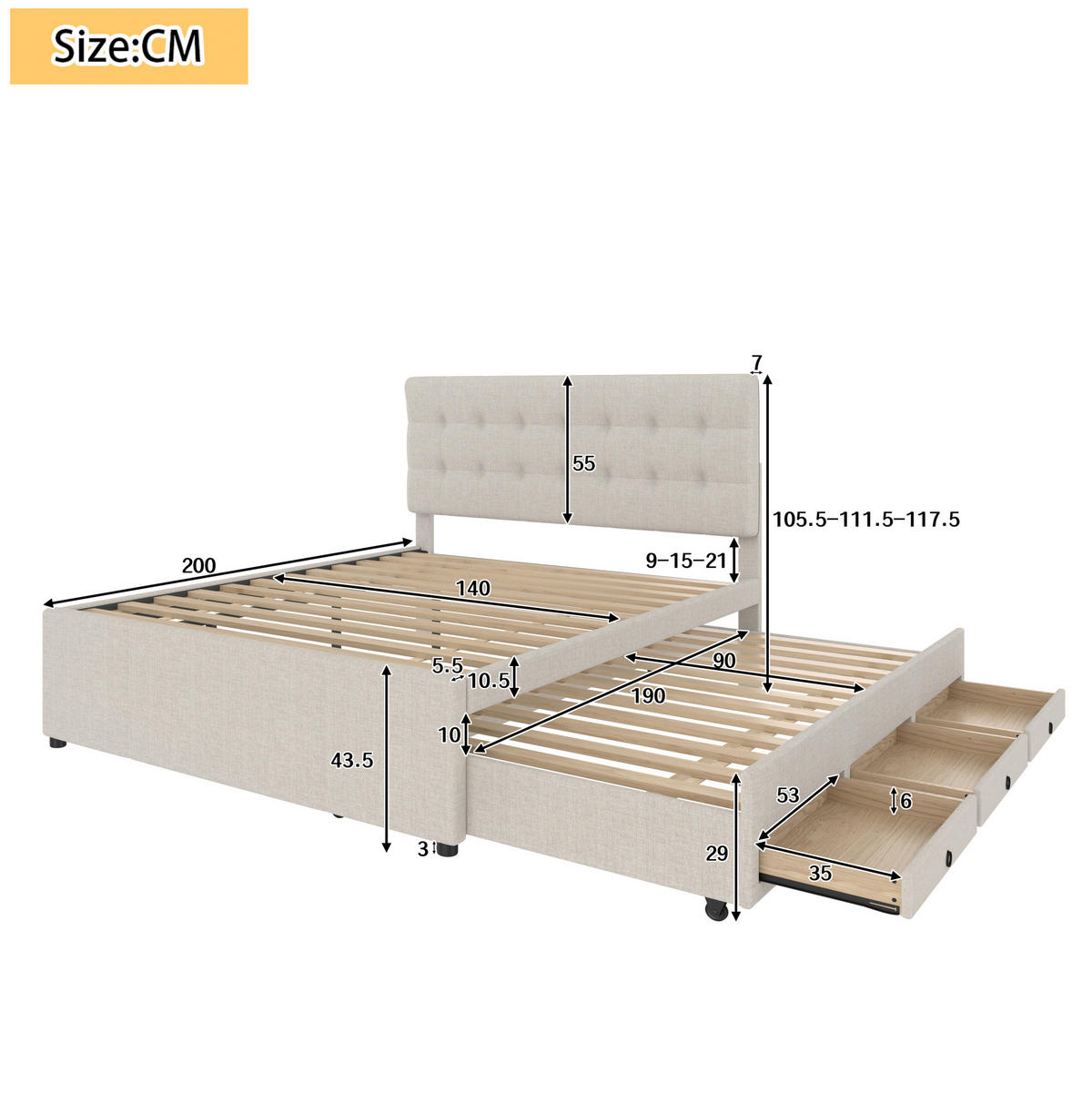 BETT mit Ausziehbett und 3 Schubladen 140x200 cm Leinen Beige - Beige, Holz (140/200cm) - Meubliv