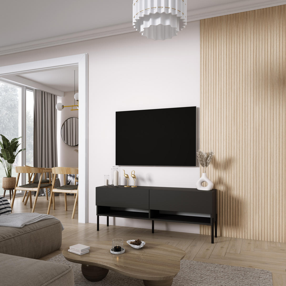 TV-LOWBOARD 140 cm Mattschwarz, gerade schwarze Beine, 140 × 32 × 52 cm - Schwarz, Holzwerkstoff (140/52/32cm) - 3XE LIVING