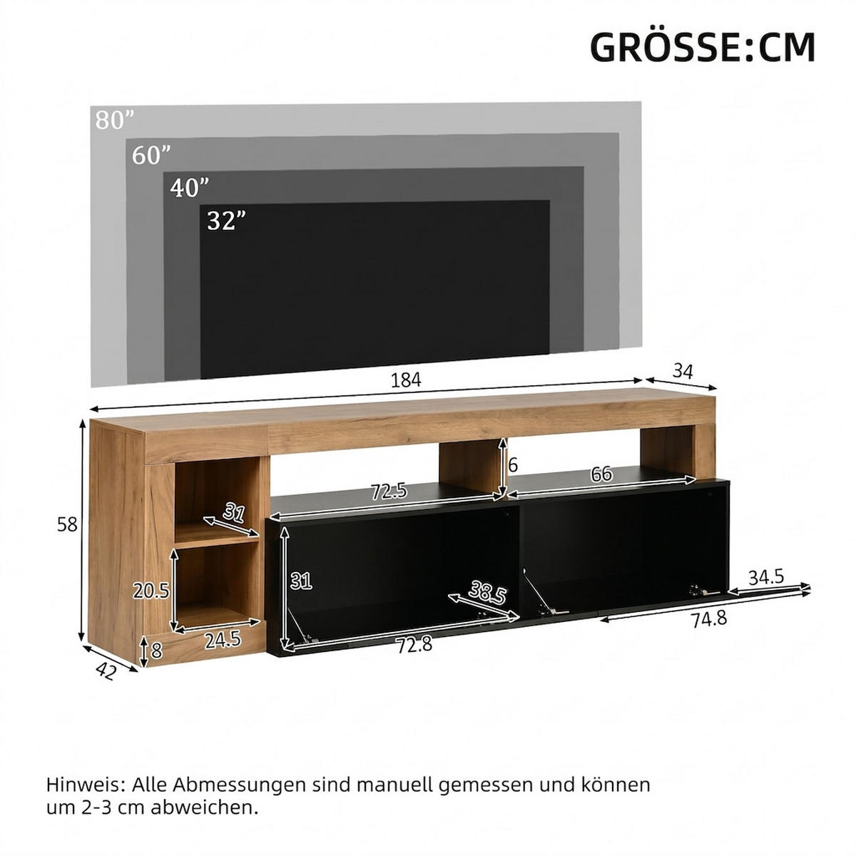 TV-SCHRANK 184/42/58 cm Schwarz mit LED-Kontrollleuchte - Schwarz, Holzwerkstoff (184/58/42cm) - Oxeza