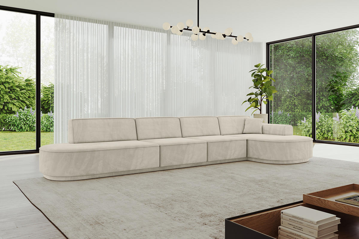 ECKSOFA Ottomane Rechts MARI-L3-v3 - 413x171x83 cm Ecru Velours - Ecru/Schwarz, Holzwerkstoff/Kunststoff (171/413cm) - ALTDECOR
