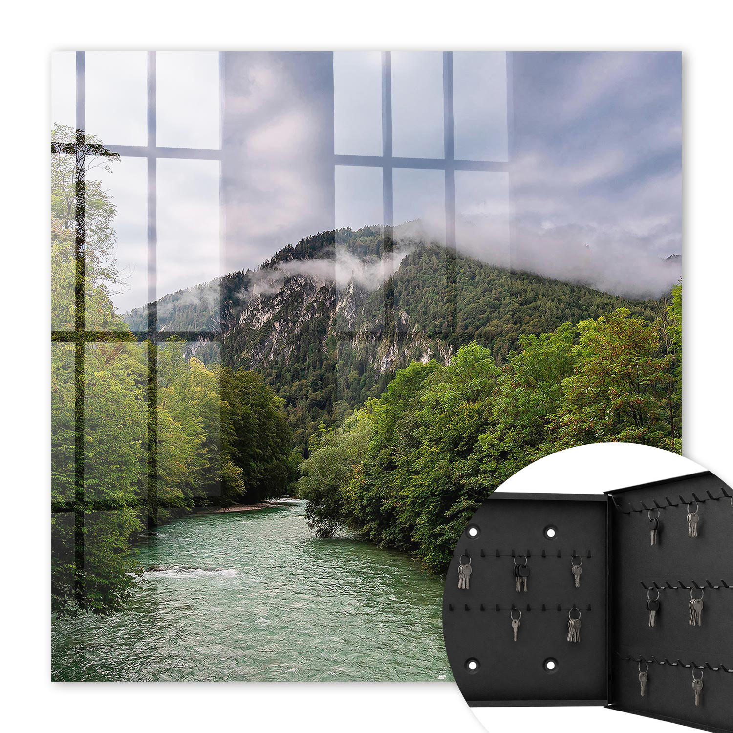 SCHLÜSSELBOX Schwarz 30x30 cm- Türöffnung nach rechts - Berglandschaft - Grün, Metall (30/30/5cm) - TULUP