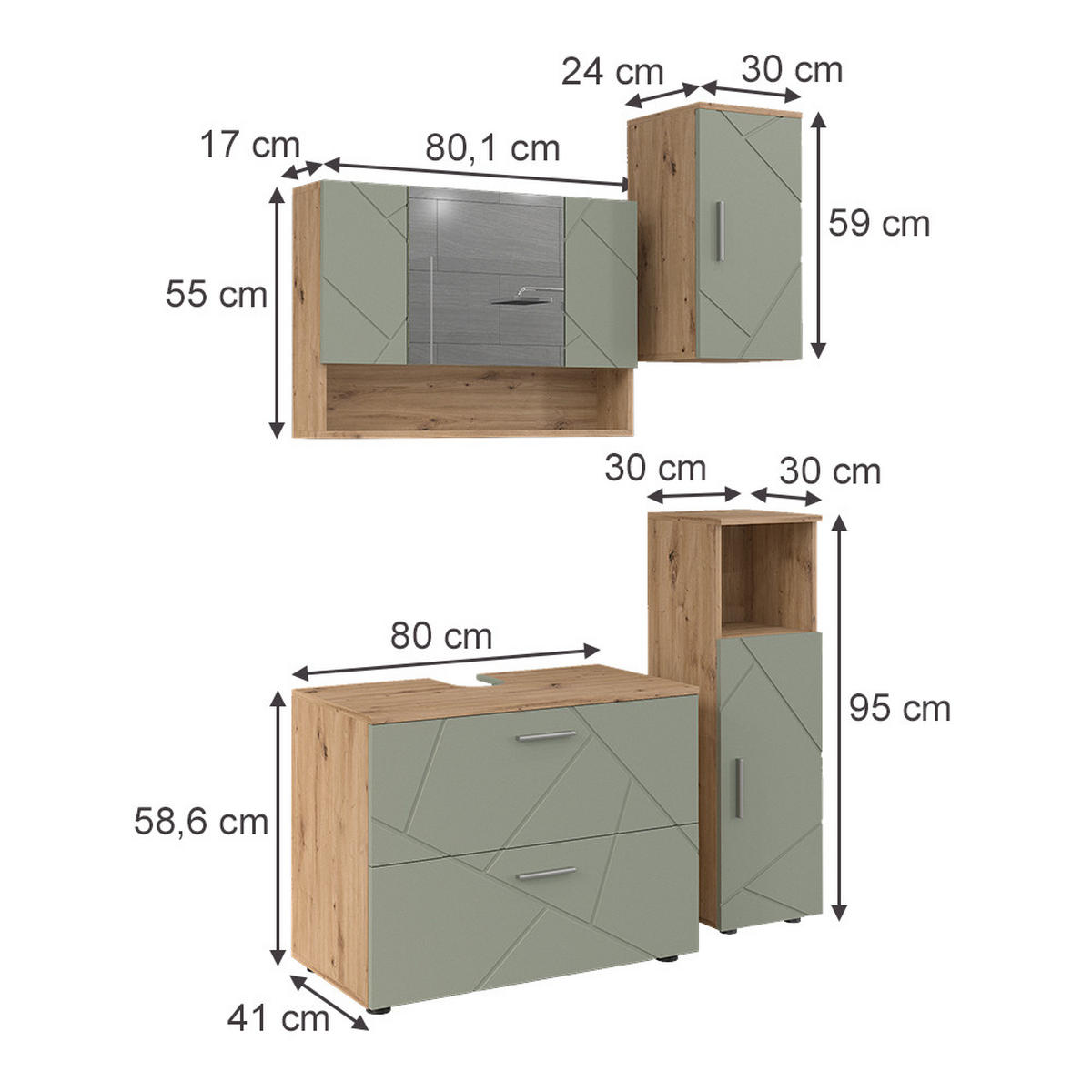 BADMÖBEL-SET Irma Salbeigrün 4 Teile - Salbeigrün, Holzwerkstoff (80/58.6/41cm) - Vicco