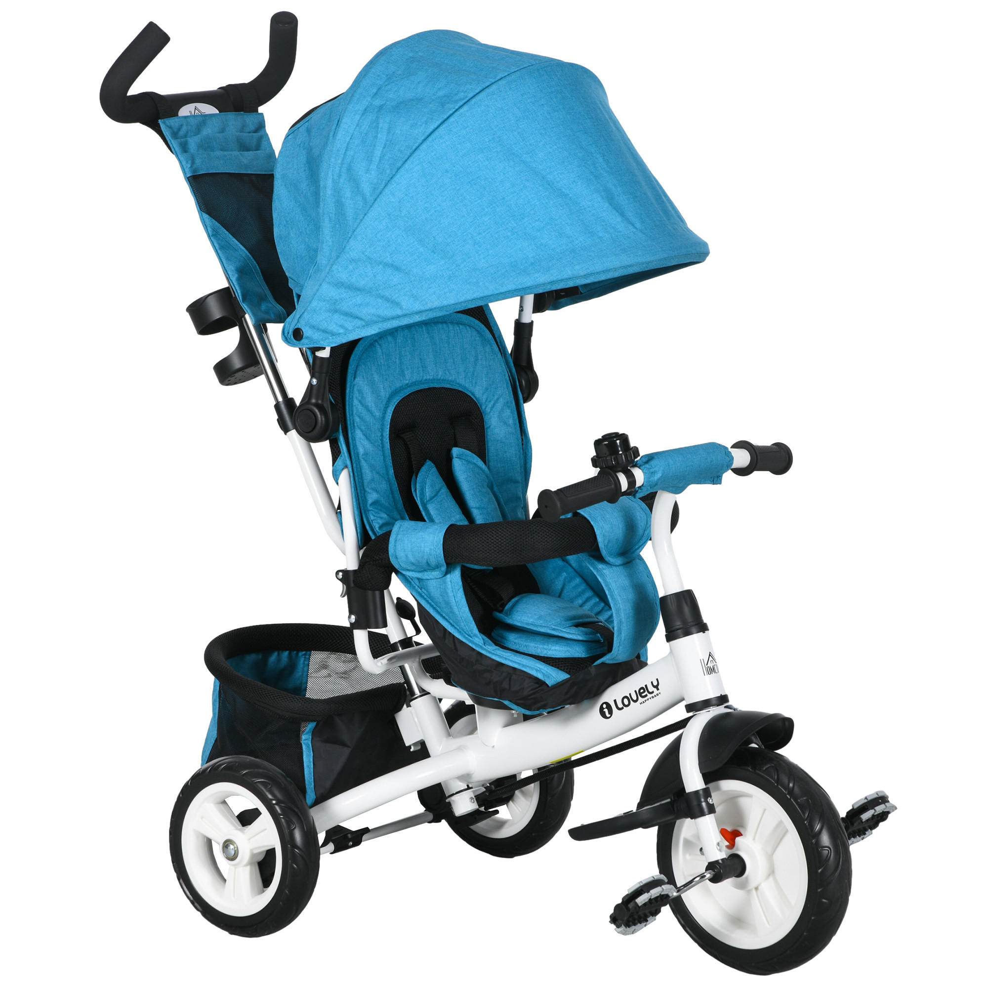 6-IN-1 Dreirad mit Schubstange, Kinderdreirad mit abnehmbarem Sonnendach - Hellblau, Metall (102/49/102cm) - HOMCOM