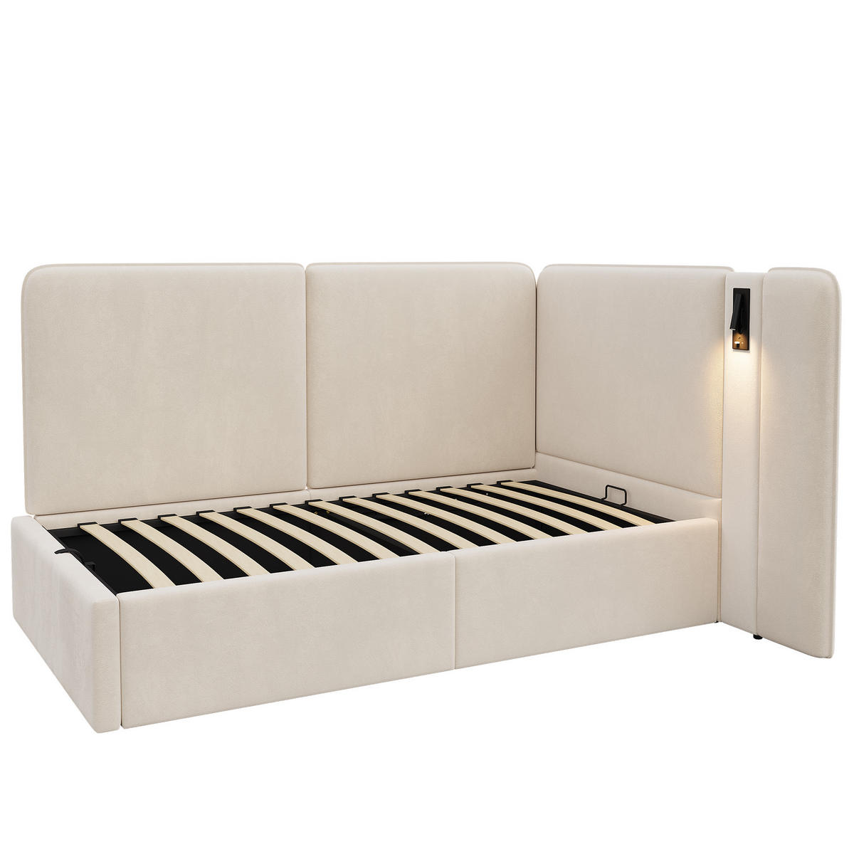 POLSTERBETT aus Samt 90x200 cm in Beige mit Stauraum & USB/Typ-C - Beige, Textil (90/200cm) - Modfu