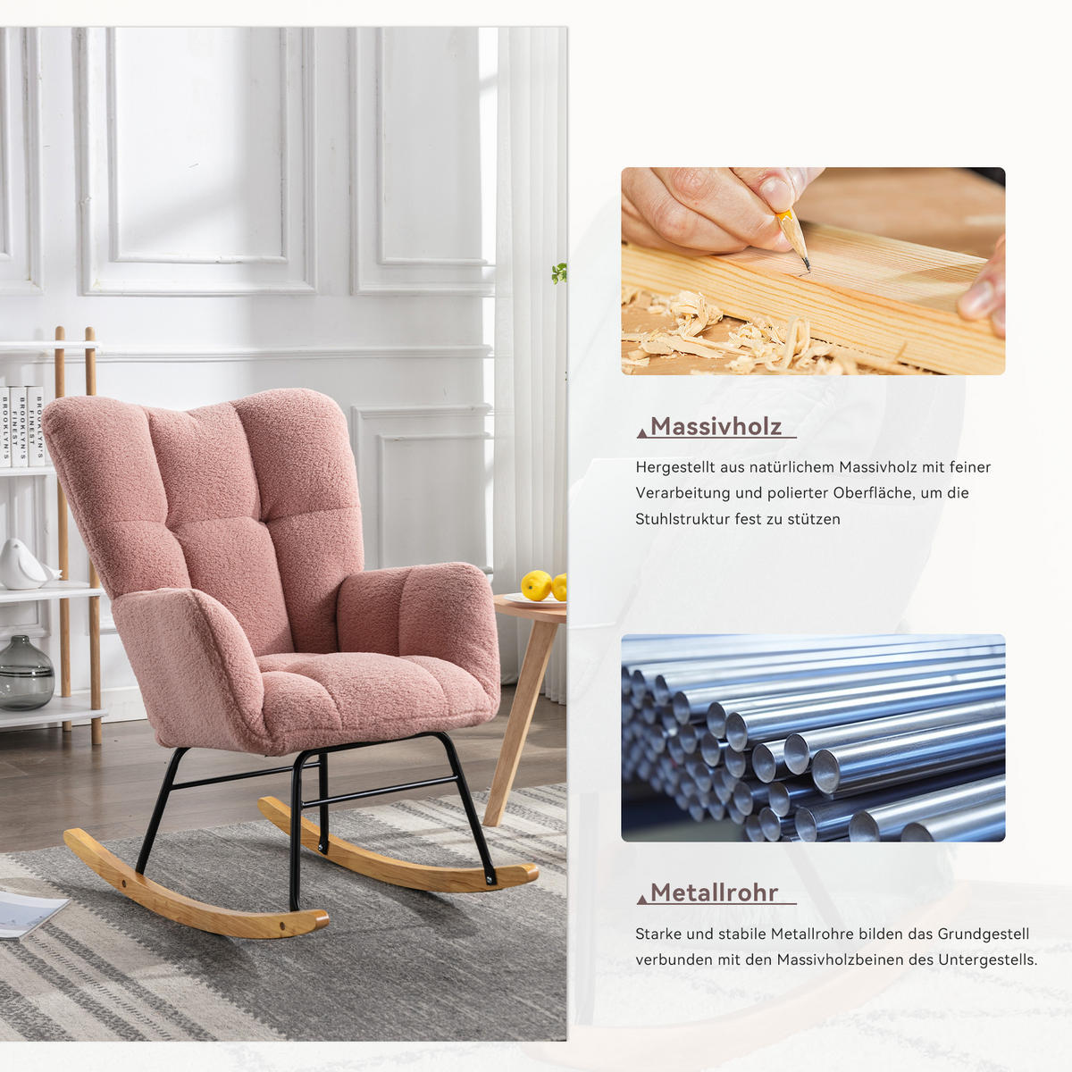 SCHAUKELSTUHL Teddy-Stoff mit gepolsterter Rückenlehne 80/70/95 cm Rosa - Rosa, Textil (70/95/80cm) - Redom
